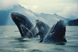 A pod of whales breaching the surface of the ocean, the powerful water droplets frozen in time