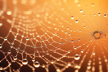 The mesmerizing beauty of a spider web adorned with dewdrops, catching the first light of dawn in a macro close-up.