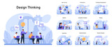 Fototapeta  - Design Thinking set. Stages of innovative solution finding from user surveys to results analysis. Collaborative brainstorming, ideation, and testing processes. Flat vector illustration