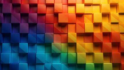 Wall Mural - Abstract geometric rainbow colors colored 3d wooden square cubes texture wall.