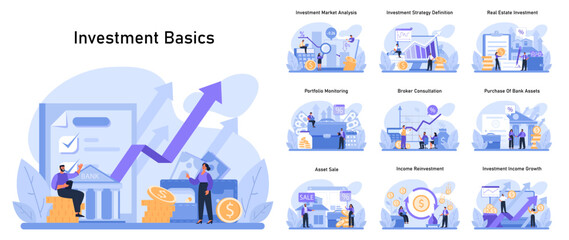 Investment basics set. Financial growth strategies, market analysis, and asset management. Essential concepts for portfolio building and income investment. Flat vector illustration.