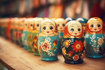 Brightly painted population of wooden Matryoshka or Babuska stacking dolls. Varying sizes. Females faces with red lipstick and rosy cheeks. Girls in traditional floral dresses and scarfs?