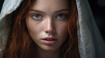 Poster -  a close up of a woman with freckles on her head and freckles on her face, with freckles on her head, under a white cloth.