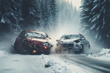 Wall Mural - Accident with car on a snowy road, showcasing challenges of winter travel.