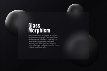 Glass morphism style. Rectangular glass banner or bank card with rounded corners. Cashless payment concept. Realistic glass morphism effect on a dark background with black spheres.