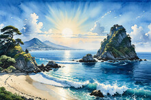 A Painting Of A Beach With A Mountain In The Background And A Sun Setting Over The Ocean With Waves
