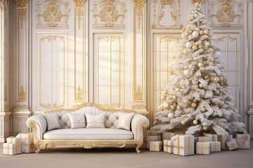 Wall Mural - Luxury living room interior with sofa decorated chic Christmas tree, gifts, plaid and pillows. AI generated illustration