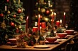 beautifully decorated Christmas table with candles and glasses near the Christmas tree. AI generated illustration