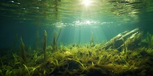Underwater Grass, Long Seaweed In Dark River Water, Overgrown Stream With Algae, Grass Waving In Water