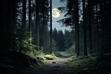 Enchantment Of Forest At Night, With Luminous Moon Casting Silvery Glow On The Landscape And Creating Atmosphere Of Mystery And Quiet Beauty