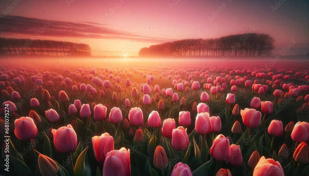 At the break of dawn, vibrant tulips stand tranquil in a panoramic ...