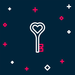 Poster - Line Key in heart shape icon isolated on blue background. Happy Valentines day. Colorful outline concept. Vector