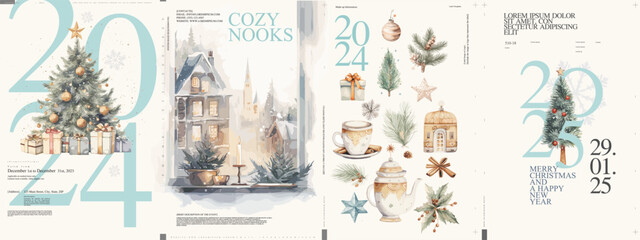 Merry Christmas and happy new year. 2024. Watercolor posters. Cozy Christmas interior. Winter countryside landscape. Typographic poster design and vectorized watercolor objects on background.