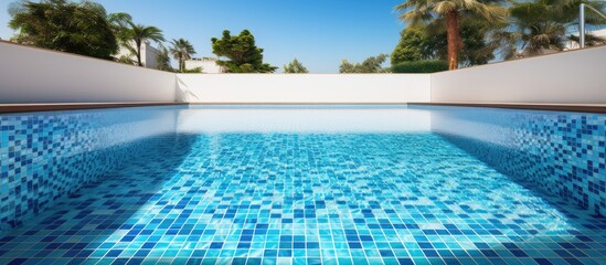 Residential swimming pool with mosaic pattern steps and flowing water Copy space image Place for adding text or design