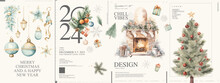 Merry Christmas And Happy New Year. 2024. Watercolor Posters. Cozy Christmas Interior. Winter Countryside Landscape. Typographic Poster Design And Vectorized Watercolor Objects On Background.
