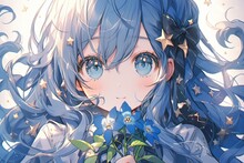 Beautiful Anime Girl With Blue Hairs, Little Stars And Flowers In Background, Illustration