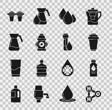 Set Chemical Formula For H2O, Bottle Of Water, Water Filter Cartridge, Drop, Fire Hydrant, Jug Glass With, And Test Tube Icon. Vector