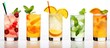 Refreshing summer cocktails featuring fruit mint ice citrus lemonade and fresh orange and mango showcased in a wine glass on a white background within a restaurant menu Copy space image Place f