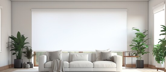 Wall Mural - Smart home with motorized curtains roller blinds white roller shades on living room windows along with a sofa and houseplant Copy space image Place for adding text or design