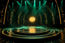 Golden Green Emerald Podium Platform With Bright Projector Lights And Stairs On Background. Night Show Concept