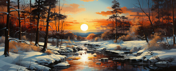 Wall Mural - the sun shines through a winter scape