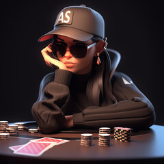 Female poker player character illustration. Cool poker player 3d style illustration. FVIP female poker avatar. Poker player woman logo. Poker player woman icon.