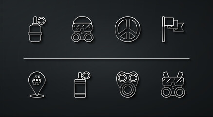 Canvas Print - Set line Hand grenade, Protest, Location marker, Gas mask, and Peace icon. Vector