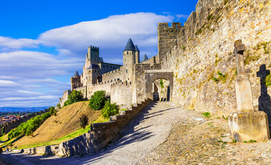 Sticker - panorama Carcassonne castle- biggest town-fortress, France.