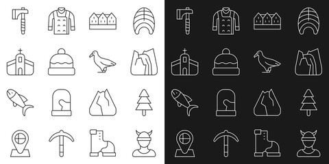 Canvas Print - Set line Viking head, Tree, Waterfall, Norwegian wooden house, Beanie hat, Church building, Wooden axe and Albatross icon. Vector