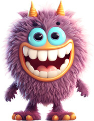 Canvas Print - Funny shaggy furry cheerful monster with big eyes and smiling mouth with big white teeth, isolated on transparent background. Children's cartoon character or cute soft toy. Generative AI