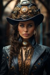 Wall Mural - The Mysterious Femme Fatale in a Black Steampunk Hat and Leather Jacket. A woman wearing a steampunk black hat and a matching leather jacket.