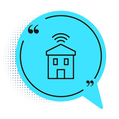 Sticker - Black line Smart home with wi-fi icon isolated on white background. Remote control. Blue speech bubble symbol. Vector