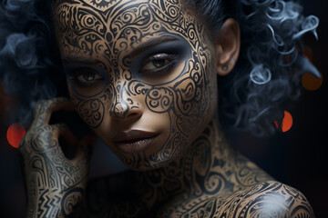 Face of a black woman adorned with intricate facial tattoos a blend of traditional and contemporary styles.