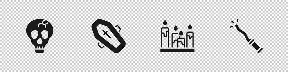 Sticker - Set Skull, Coffin with cross, Burning candle and Magic wand icon. Vector