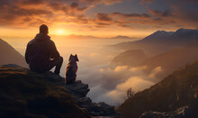 A Man Is Holding His Dog On The Edge Of A Mountain, In The Style Of Ethereal Dreamscapes, Concept Winter