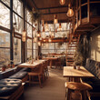 Bright and cozy sunlit interior of a rustic café with wooden interior and hanging lamps