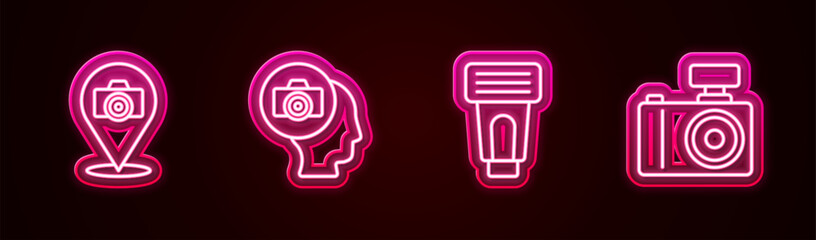 Poster - Set line Photo camera, flash and . Glowing neon icon. Vector