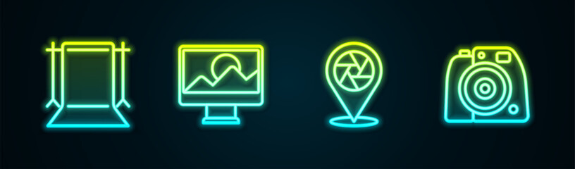 Sticker - Set line Empty photo studio, Photo retouching, Camera shutter and camera. Glowing neon icon. Vector