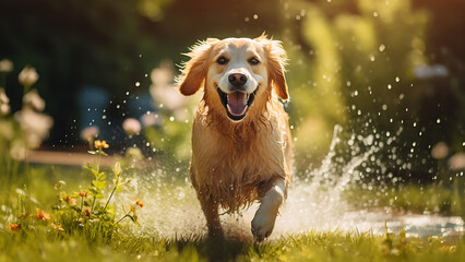 Wall Mural - Golden Retriever dog playing in the water in the park looking happy.