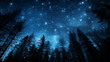 Dark blue night sky with many stars above the field of trees.