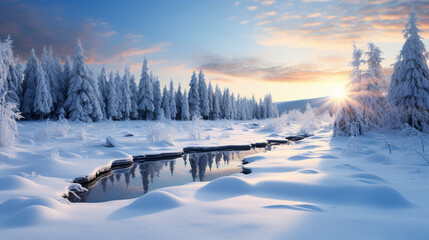Wall Mural - winter landscape in the forest with river