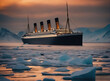 Titanic ship in the sea and snow mountains
