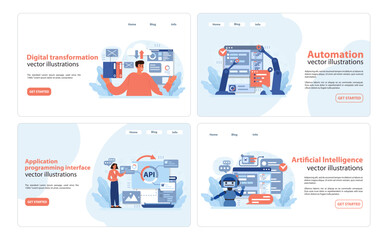 Wall Mural - Digital Business toolkit. Essential visuals for digital transformation, automation, API integration, and AI. Navigating the digital age effectively. Flat vector illustration.