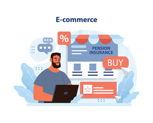 Sticker - E-commerce Platform Dynamics. A satisfied shopper utilizes online deals, symbolizing the ease and convenience of modern digital purchasing. Flat vector illustration.