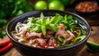 Authentic Vietnamese Pho Noodle Soup with Beef and Fresh Herbs