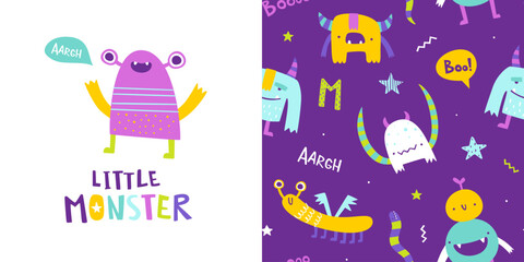 Wall Mural - seamless cute pattern set with little monsters for baby. abstract vector print with stylized monster