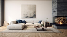 A Living Room With A White Wall And A Wooden Floor And A Navy Blue Sofa And An Area Rug And A Stone Fireplace