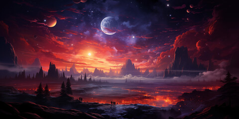 Canvas Print - sunset in the mountains with giant planet orbiting 