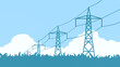 transmission line and tower against a clear blue sky and clouds likely anime. electricity