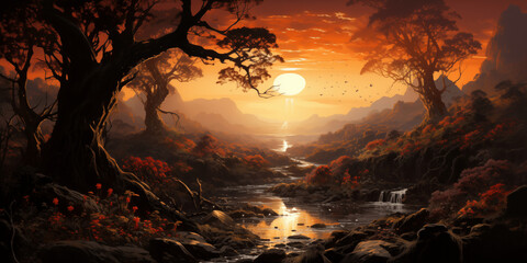 Wall Mural - sunset in the woods warm